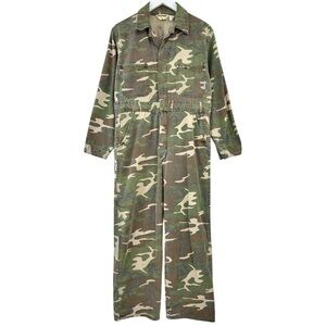 Vintage Ranger Camo Camouflage Army Print Denim Long Sleeve Jumpsuit Coveralls